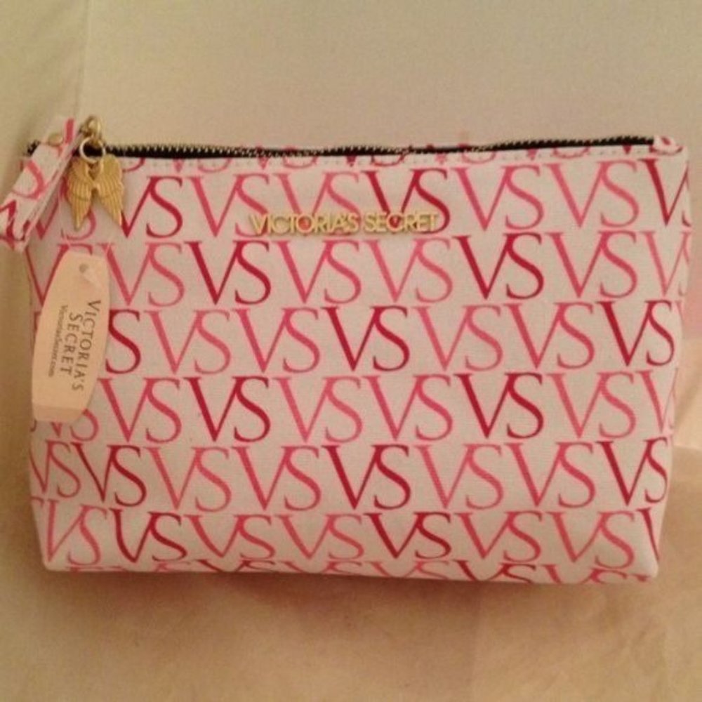 Victoria's Secret Signature VS Logo pink cosmetic bag gold wings NWT